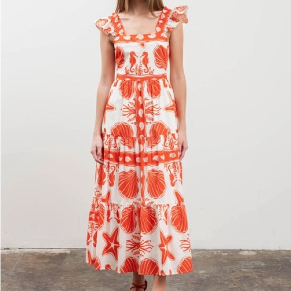 Moon River Coral and White Sea Life Maxi Dress NWT